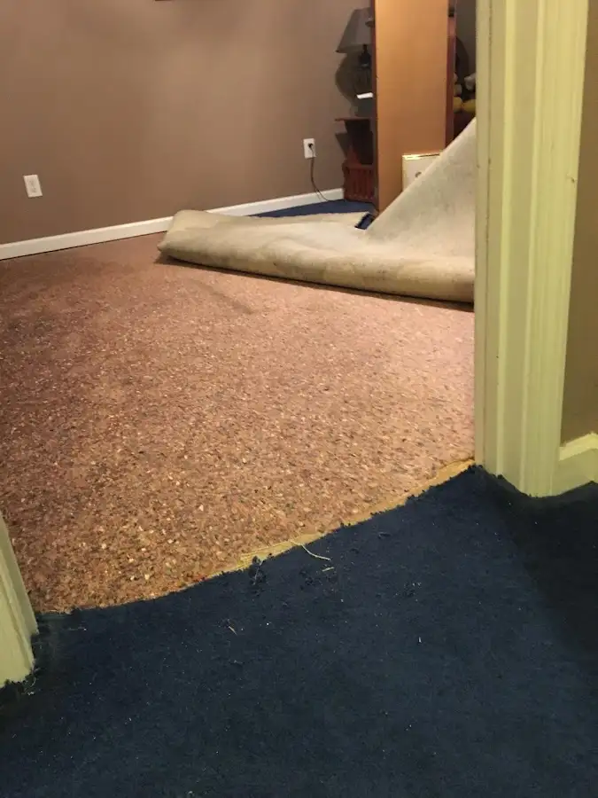 Carpet pad removal revealing water damage during Water Mitigation Services in Walker